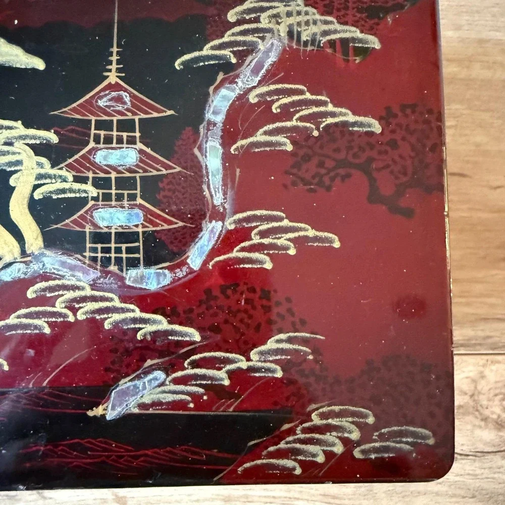 Vintage Japanese Lacquer Jewelry Box Mt Fuji Mother of Pearl Inlay no Music